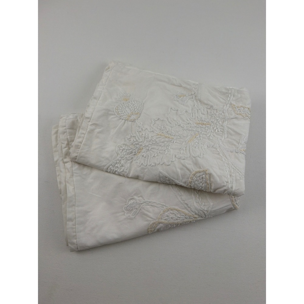 Pottery Barn Pillow Shams Standard Set 2 White Floral Crewel Embroidery Cotton